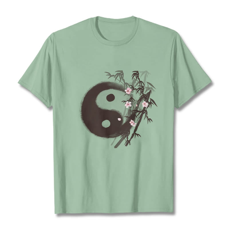 Buddha Stones Koszulka z nadrukiem Yin Yang Bamboo Cherry Blossom Pattern - PaleGreen - 2XL - image 13