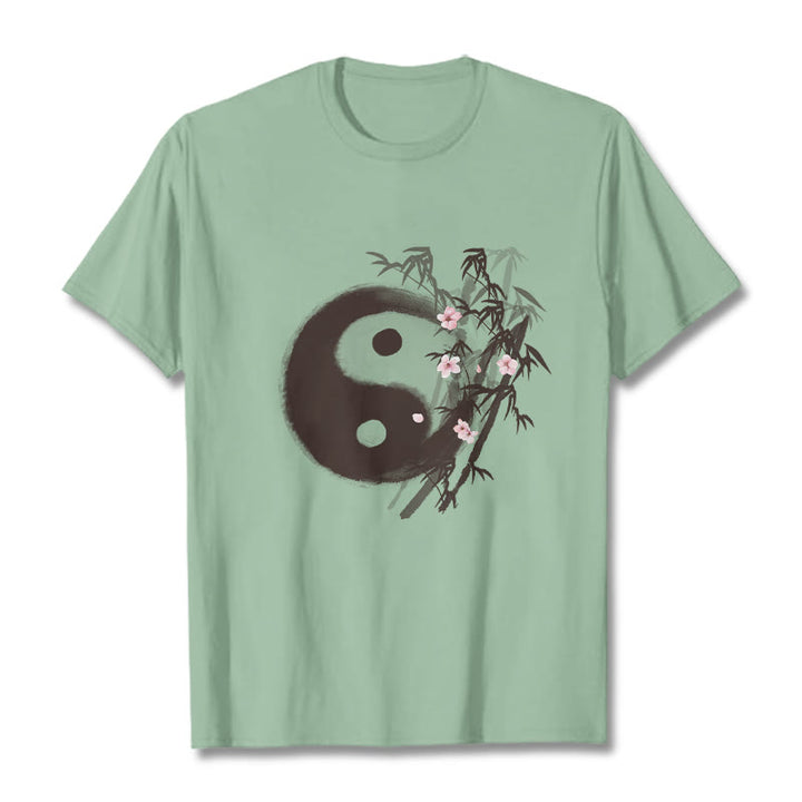 Buddha Stones Koszulka z nadrukiem Yin Yang Bamboo Cherry Blossom Pattern - PaleGreen - 2XL - image 13