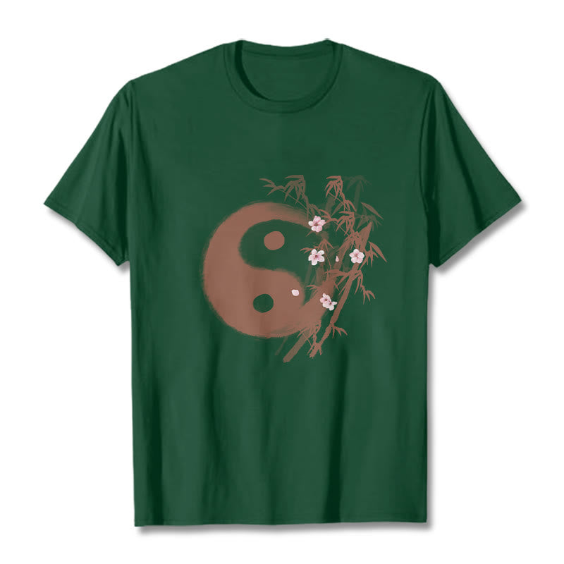 Buddha Stones Yin Yang Bamboo Cherry Blossom Pattern Tee T-shirt - ForestGreen - 2XL - image 11