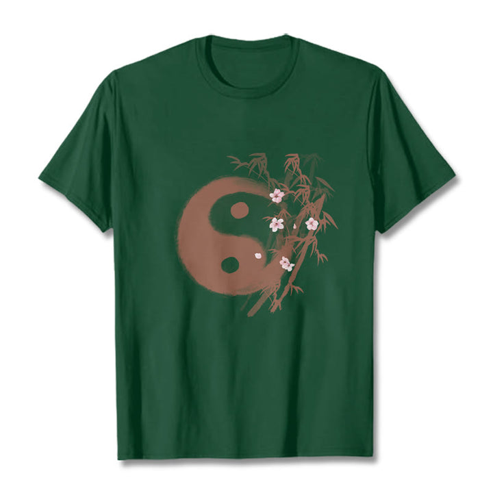 Buddha Stones Yin Yang Bamboo Cherry Blossom Pattern Tee T-shirt - ForestGreen - 2XL - image 11