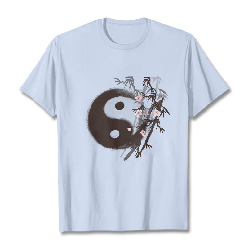 Buddha Stones Koszulka z nadrukiem Yin Yang Bamboo Cherry Blossom Pattern - Jasnoniebieski - 2XL - image 17