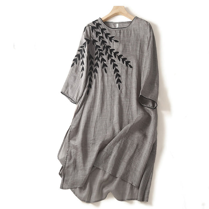 Sukienka midi z bawełny i lnu z haftem i rozcięciem na trzy czwarte, z motywem Buddha Stones - Ciemnoszary - US8-10，UK/AU12-14，EU40-42 (2XL) - image 12