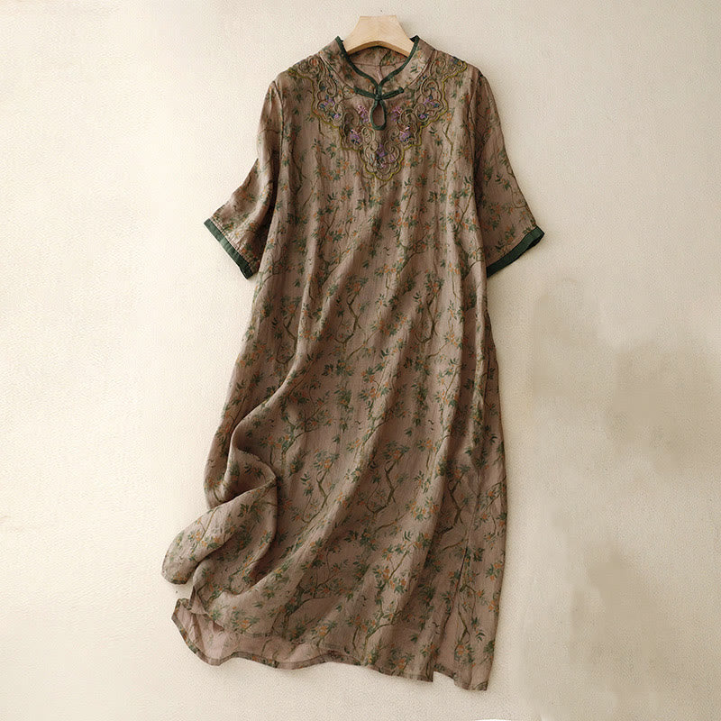 Sukienka midi z bawełny i lnu w stylu cheongsam z haftem w stylu retro z Buddha Stones i kieszeniami - Ciemny Khaki - US8-10，UK/AU12-14，EU40-42 (2XL) - image 1