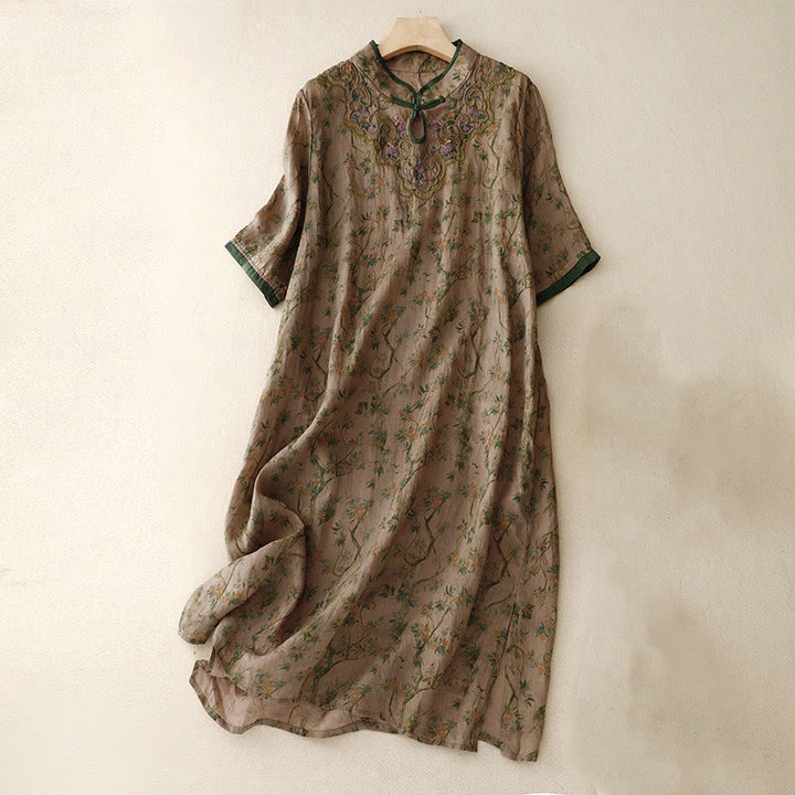 Sukienka midi z bawełny i lnu w stylu cheongsam z haftem w stylu retro z Buddha Stones i kieszeniami - Ciemny Khaki - US8-10，UK/AU12-14，EU40-42 (2XL) - image 1