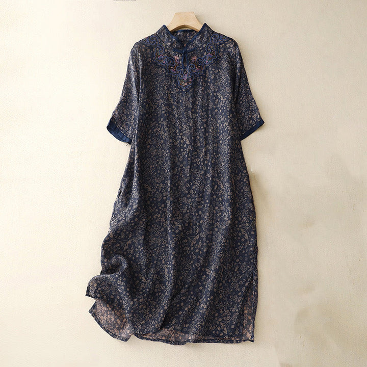 Sukienka midi z bawełny i lnu w stylu cheongsam z haftem w stylu retro z Buddha Stones i kieszeniami - MidnightBlue - US8-10，UK/AU12-14，EU40-42 (2XL) - image 12