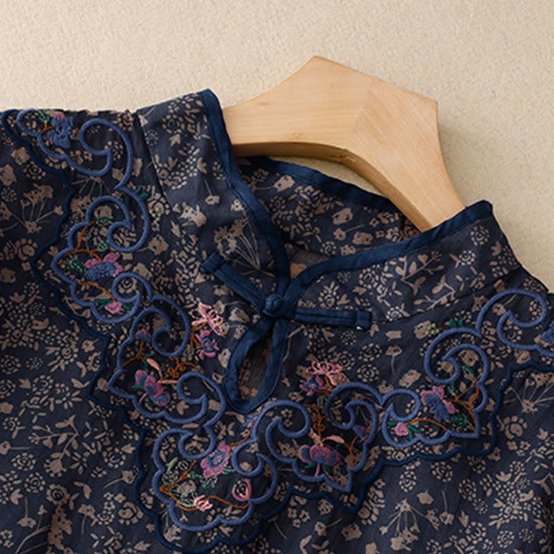 Sukienka midi z bawełny i lnu w stylu cheongsam z haftem w stylu retro z Buddha Stones i kieszeniami - image 14