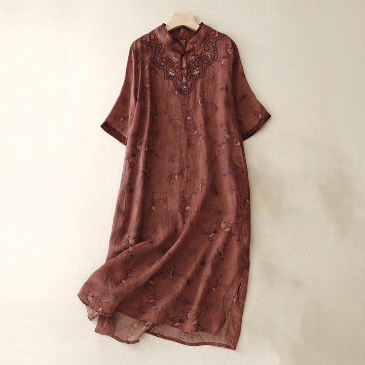 Sukienka midi z bawełny i lnu w stylu cheongsam z haftem w stylu retro z Buddha Stones i kieszeniami - Cegła ogniotrwała - US8-10，UK/AU12-14，EU40-42 (2XL) - image 8