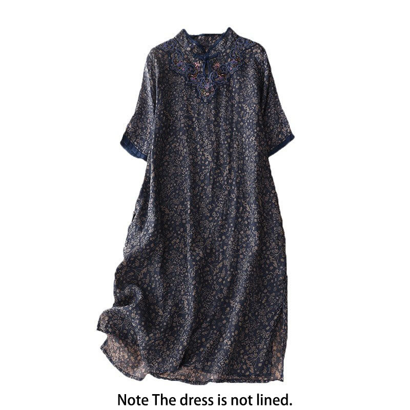 Sukienka midi z bawełny i lnu w stylu cheongsam z haftem w stylu retro z Buddha Stones i kieszeniami - image 13