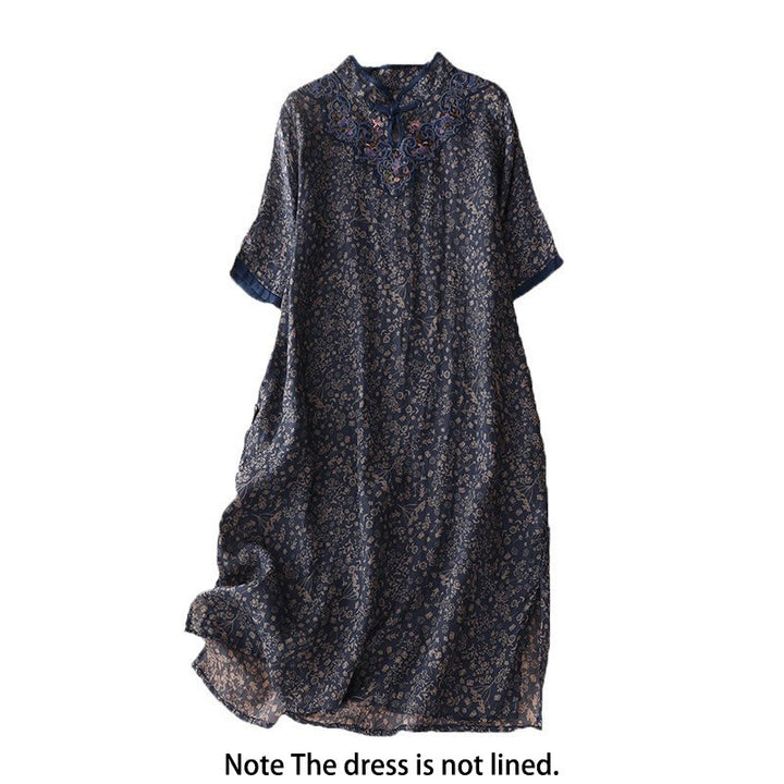 Sukienka midi z bawełny i lnu w stylu cheongsam z haftem w stylu retro z Buddha Stones i kieszeniami - image 13