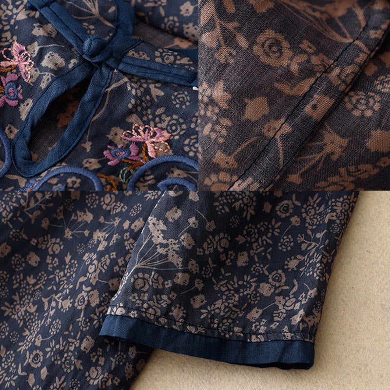 Sukienka midi z bawełny i lnu w stylu cheongsam z haftem w stylu retro z Buddha Stones i kieszeniami - image 15