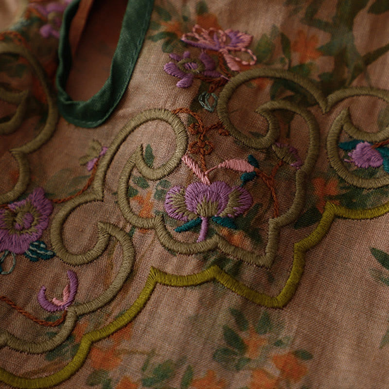 Sukienka midi z bawełny i lnu w stylu cheongsam z haftem w stylu retro z Buddha Stones i kieszeniami - image 4