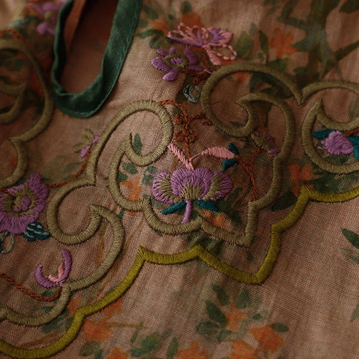 Sukienka midi z bawełny i lnu w stylu cheongsam z haftem w stylu retro z Buddha Stones i kieszeniami - image 4