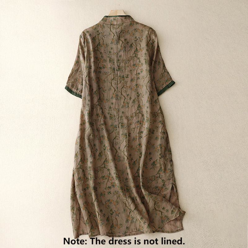 Sukienka midi z bawełny i lnu w stylu cheongsam z haftem w stylu retro z Buddha Stones i kieszeniami - image 2