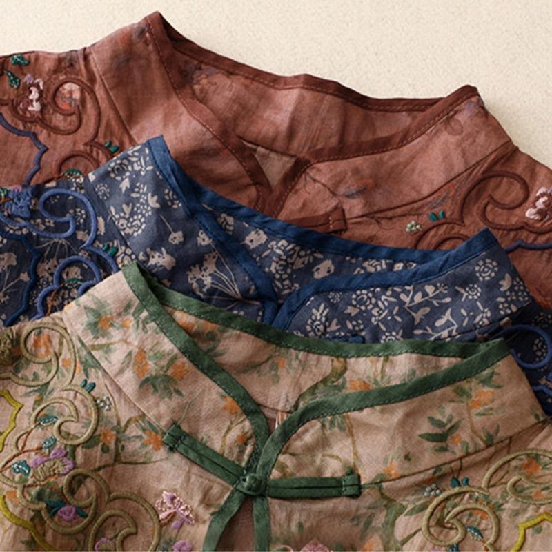 Sukienka midi z bawełny i lnu w stylu cheongsam z haftem w stylu retro z Buddha Stones i kieszeniami - image 17