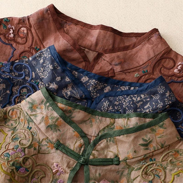 Sukienka midi z bawełny i lnu w stylu cheongsam z haftem w stylu retro z Buddha Stones i kieszeniami - image 17