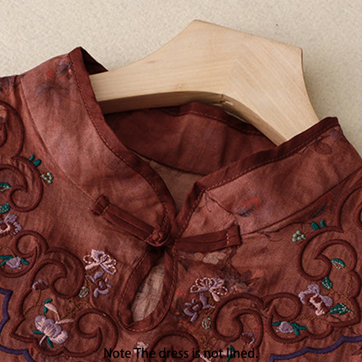 Sukienka midi z bawełny i lnu w stylu cheongsam z haftem w stylu retro z Buddha Stones i kieszeniami - image 9