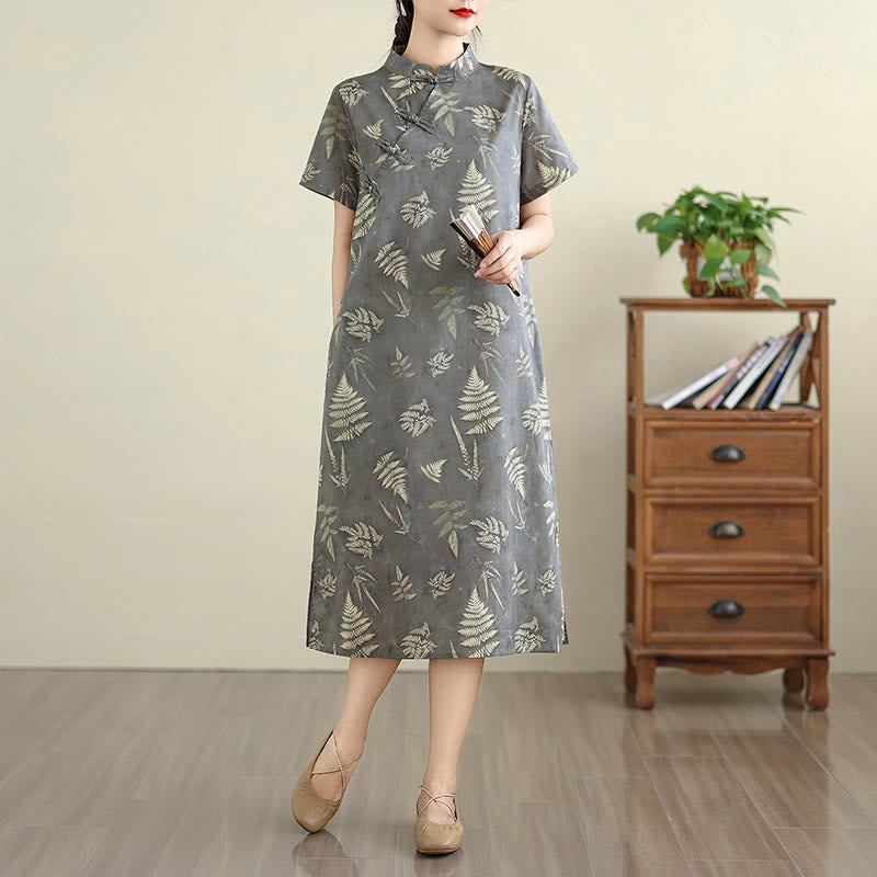 Sukienka midi z bawełny w stylu cheongsam z motywem Buddha Stones w stylu retro, ciemnoszara, z guzikami żabowymi i kieszeniami - Ciemnoszary - US8-10，UK/AU12-14，EU40-42 (2XL) - image 1