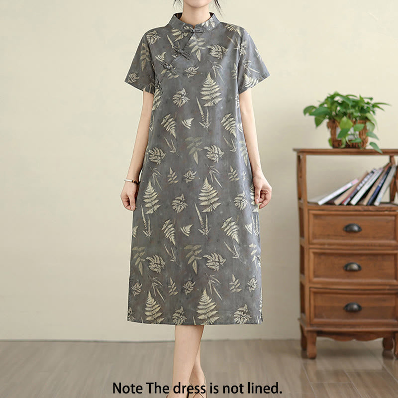 Sukienka midi z bawełny w stylu cheongsam z motywem Buddha Stones w stylu retro, ciemnoszara, z guzikami żabowymi i kieszeniami - image 2