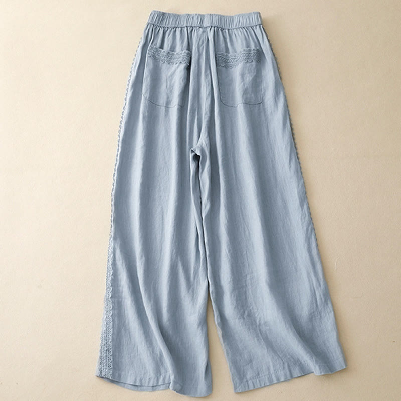 Spodnie damskie z szerokimi nogawkami i kieszeniami, z szerokimi nogawkami i koronkowymi przeszyciami z tkaniny bawełnianej i lnu, z Buddha Stones - image 1