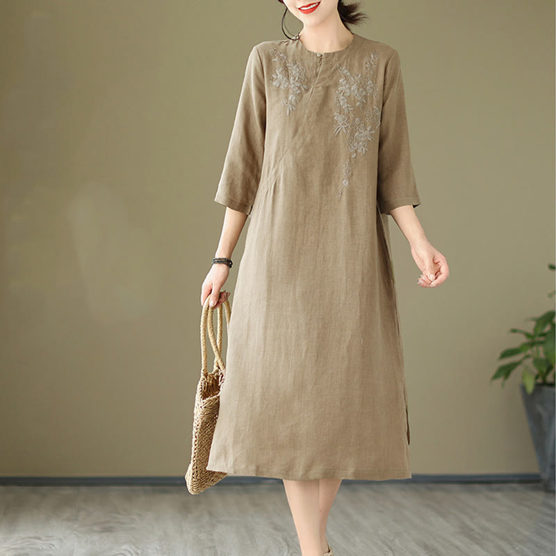 Sukienka midi z bawełny i lnu z haftem w stylu vintage z motywem Buddha Stones , z rękawami trzy czwarte i kieszeniami - Ciemny Khaki - US8-10，UK/AU12-14，EU40-42 (2XL) - image 1