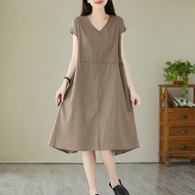 Sukienka midi z krótkim rękawem, bawełną i lnem, z kieszeniami, w jednolitym kolorze z Buddha Stones - Ciemny Khaki - US12, UK/AU16, EU44 (3XL) - image 14