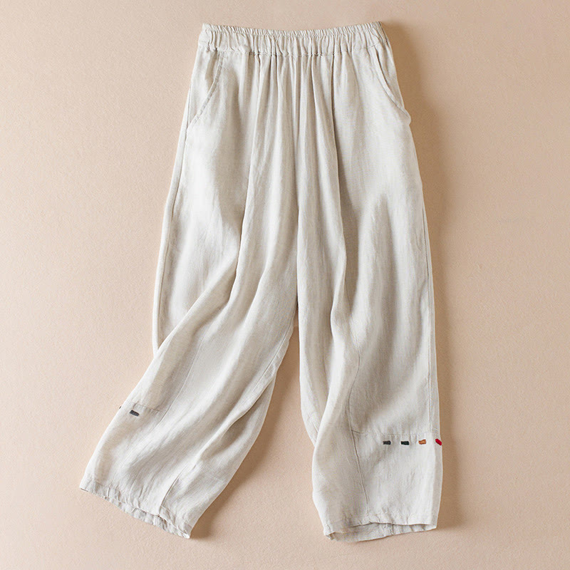 Spodnie damskie haremowe z bawełny i lnu z kieszeniami, z kolorowymi Buddha Stones , długość 7-8 - Beżowy - US12, UK/AU16, EU44 (3XL) - image 0