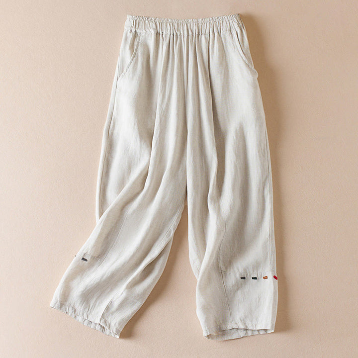 Spodnie damskie haremowe z bawełny i lnu z kieszeniami, z kolorowymi Buddha Stones , długość 7-8 - Beżowy - US12, UK/AU16, EU44 (3XL) - image 0