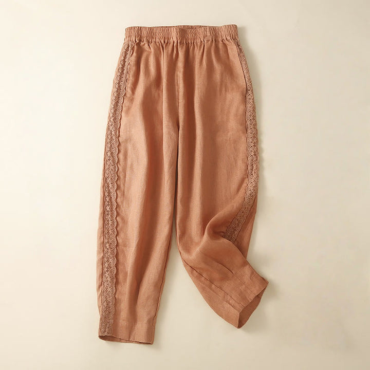 Damskie spodnie haremowe z bawełny i lnu z motywem Buddha Stones, gładkie, koronkowe, z kieszeniami - Koral - US8-10，UK/AU12-14，EU40-42 (2XL) - image 5