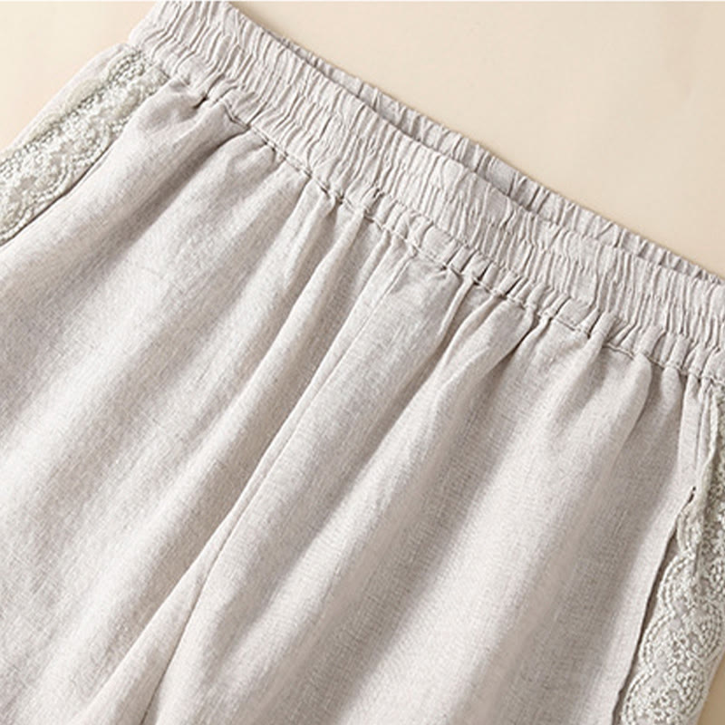 Damskie spodnie haremowe z bawełny i lnu z motywem Buddha Stones, gładkie, koronkowe, z kieszeniami - image 15