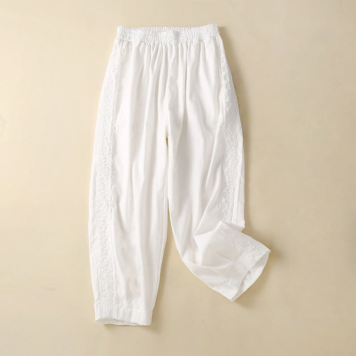 Damskie spodnie haremowe z bawełny i lnu z motywem Buddha Stones, gładkie, koronkowe, z kieszeniami - Biały - US8-10，UK/AU12-14，EU40-42 (2XL) - image 20