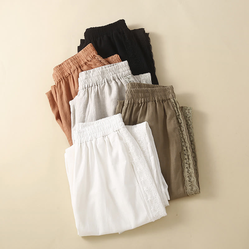 Damskie spodnie haremowe z bawełny i lnu z motywem Buddha Stones, gładkie, koronkowe, z kieszeniami - image 28