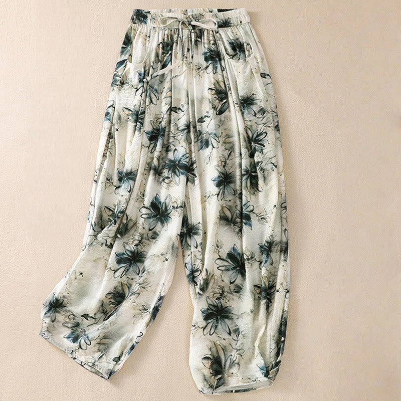 Damskie spodnie z poliestru o długości 7-8 z kieszeniami, z nadrukiem kwiatowym i Buddha Stones - SeaGreen - US12, UK/AU16, EU44 (2XL) - image 1