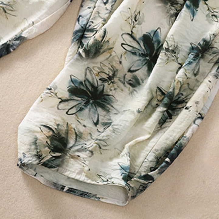 Damskie spodnie z poliestru o długości 7-8 z kieszeniami, z nadrukiem kwiatowym i Buddha Stones - image 6