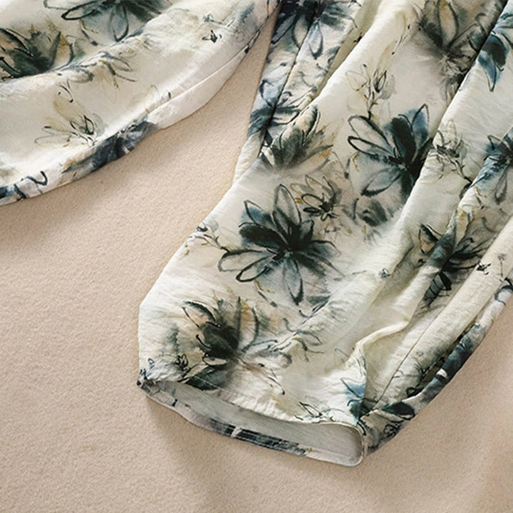 Damskie spodnie z poliestru o długości 7-8 z kieszeniami, z nadrukiem kwiatowym i Buddha Stones - image 7