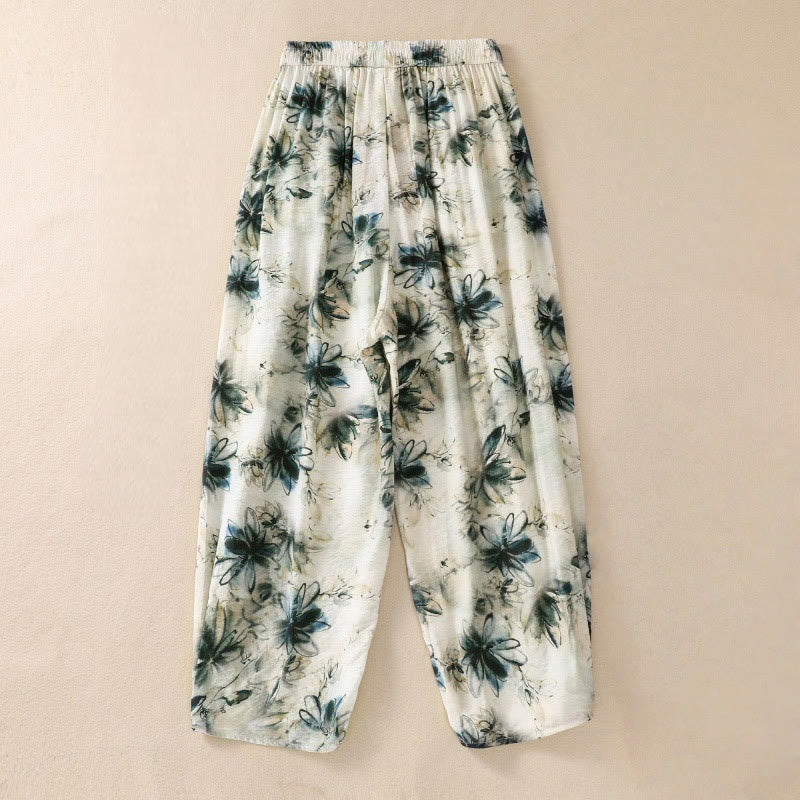 Damskie spodnie z poliestru o długości 7-8 z kieszeniami, z nadrukiem kwiatowym i Buddha Stones - image 1