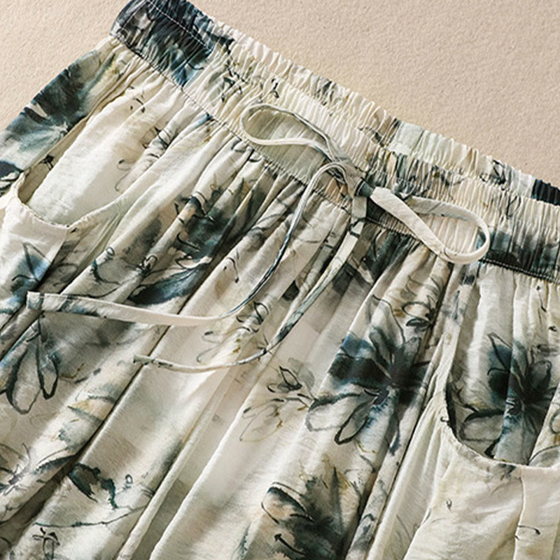 Damskie spodnie z poliestru o długości 7-8 z kieszeniami, z nadrukiem kwiatowym i Buddha Stones - image 2