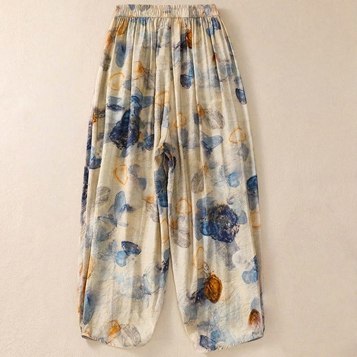 Damskie spodnie z poliestru o długości 7-8 z kieszeniami, z nadrukiem kwiatowym i Buddha Stones - image 9