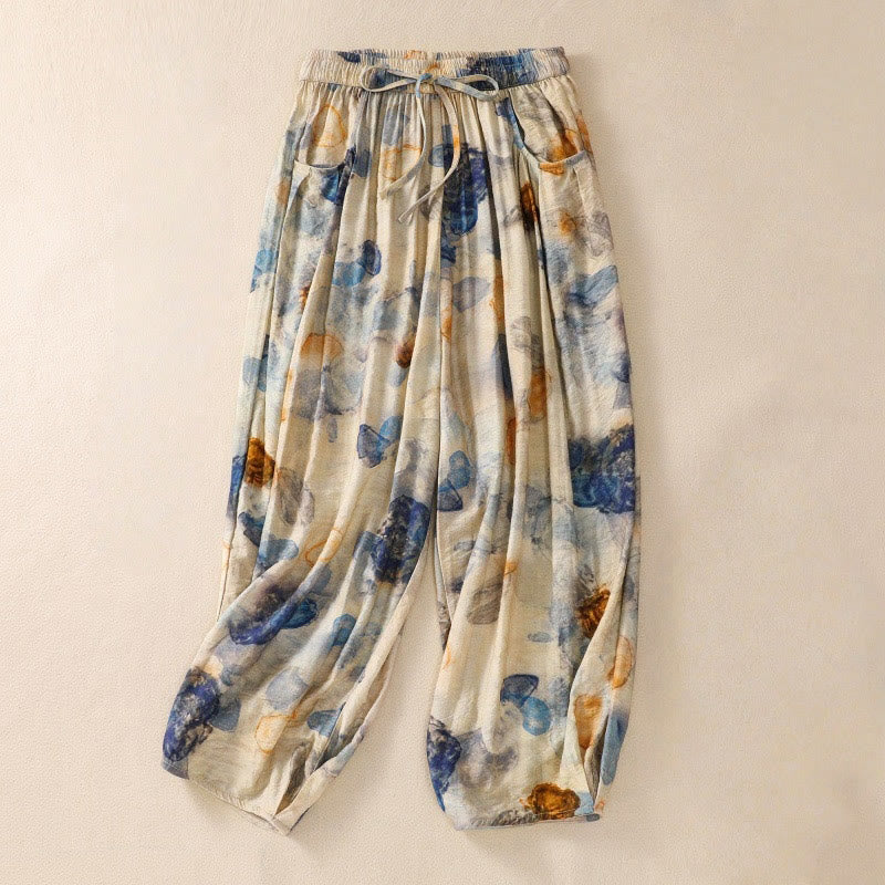 Damskie spodnie z poliestru o długości 7-8 z kieszeniami, z nadrukiem kwiatowym i Buddha Stones - Cytrynowe Szyfony - US12, UK/AU16, EU44 (2XL) - image 8