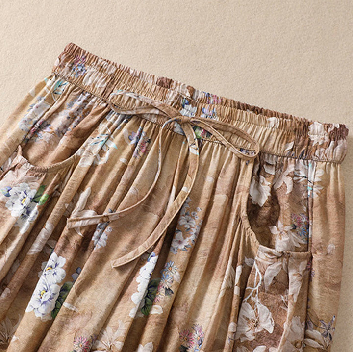 Damskie spodnie z poliestru o długości 7-8 z kieszeniami, z nadrukiem kwiatowym i Buddha Stones - image 19