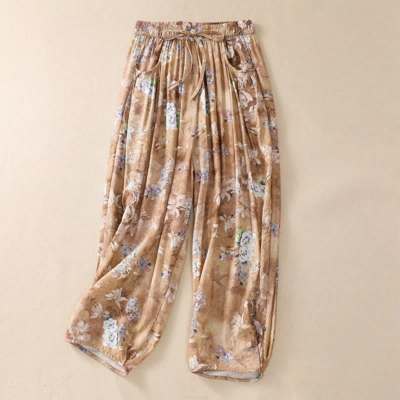 Damskie spodnie z poliestru o długości 7-8 z kieszeniami, z nadrukiem kwiatowym i Buddha Stones - PeachPuff - US12, UK/AU16, EU44 (2XL) - image 15