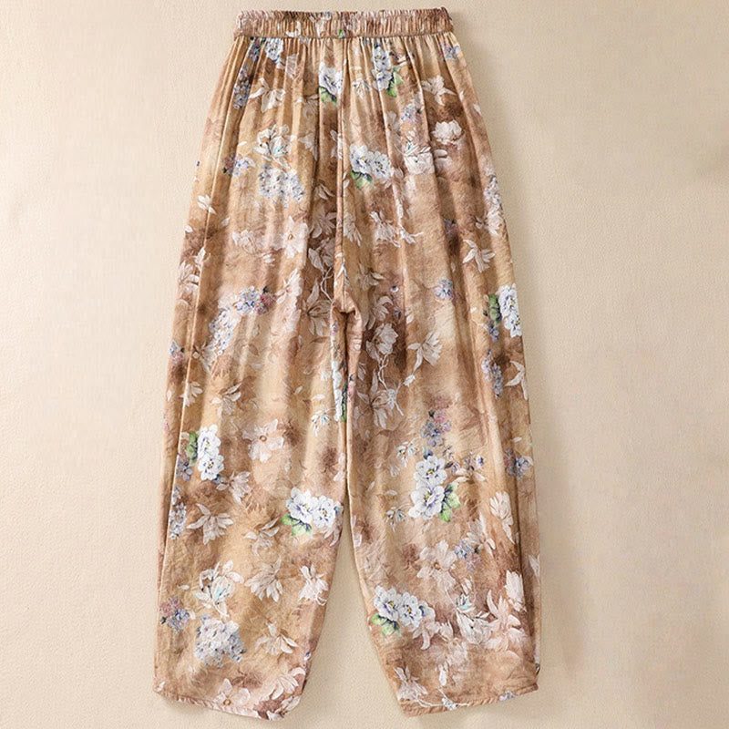 Damskie spodnie z poliestru o długości 7-8 z kieszeniami, z nadrukiem kwiatowym i Buddha Stones - image 16