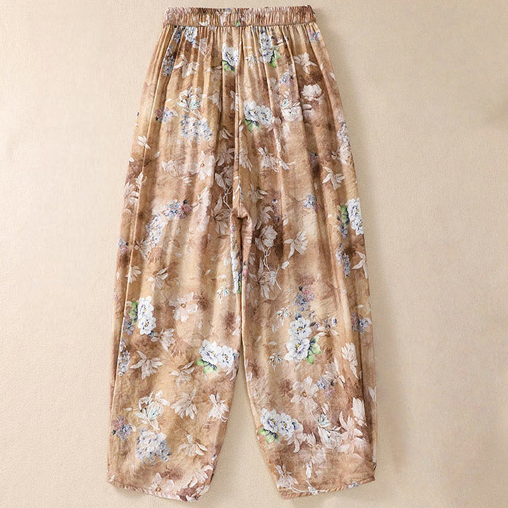 Damskie spodnie z poliestru o długości 7-8 z kieszeniami, z nadrukiem kwiatowym i Buddha Stones - image 16