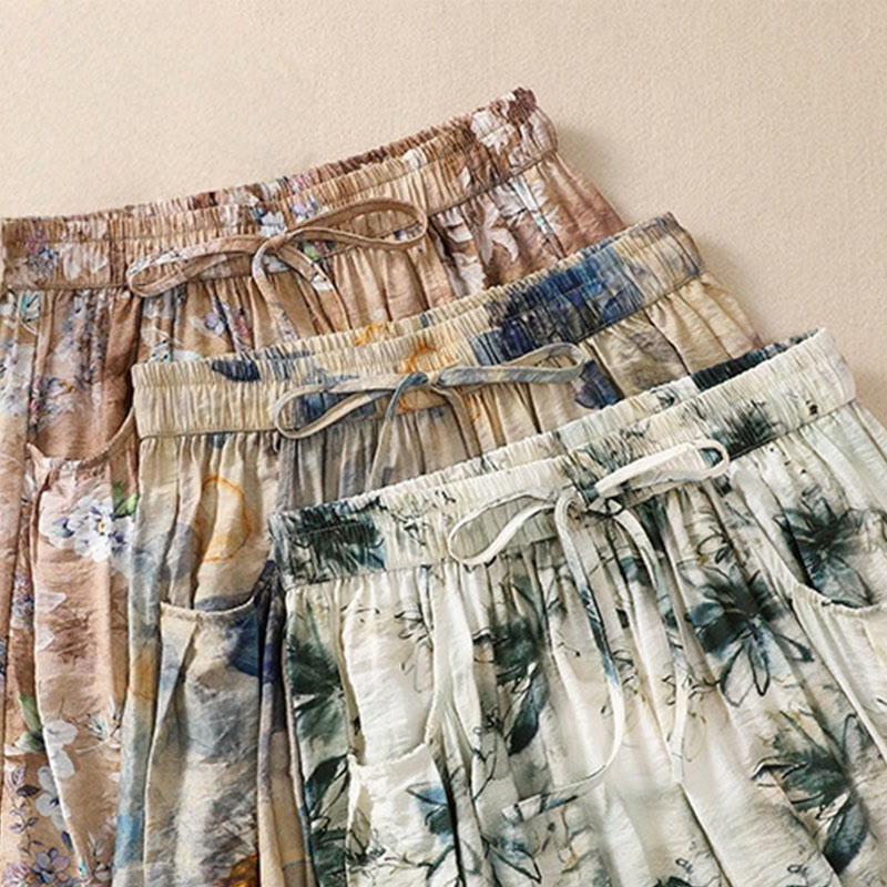 Damskie spodnie z poliestru o długości 7-8 z kieszeniami, z nadrukiem kwiatowym i Buddha Stones - image 23