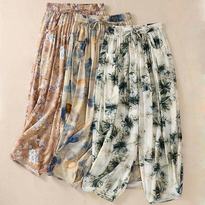 Damskie spodnie z poliestru o długości 7-8 z kieszeniami, z nadrukiem kwiatowym i Buddha Stones - image 22