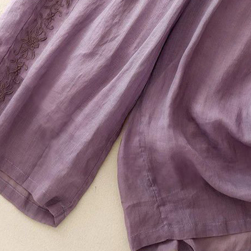 Damskie spodnie z szerokimi nogawkami i kieszeniami, bawełniane, z haftem bocznym w kształcie Buddha Stones , o długości 7-8 - image 1