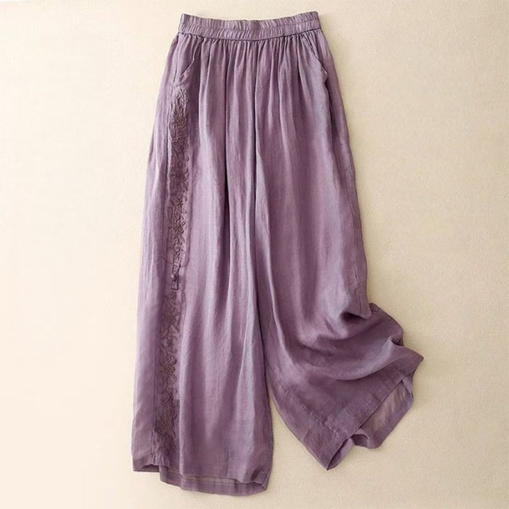 Damskie spodnie z szerokimi nogawkami i kieszeniami, bawełniane, z haftem bocznym w kształcie Buddha Stones , o długości 7-8 - MediumOrchid - US12, UK/AU16, EU44 (3XL) - image 0