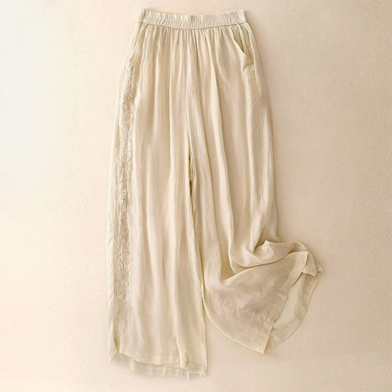 Damskie spodnie z szerokimi nogawkami i kieszeniami, bawełniane, z haftem bocznym w kształcie Buddha Stones , o długości 7-8 - Cytrynowe Szyfony - US12, UK/AU16, EU44 (3XL) - image 6