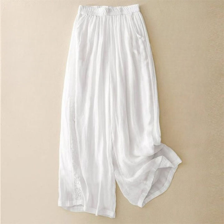 Damskie spodnie z szerokimi nogawkami i kieszeniami, bawełniane, z haftem bocznym w kształcie Buddha Stones , o długości 7-8 - Biały - US12, UK/AU16, EU44 (3XL) - image 11