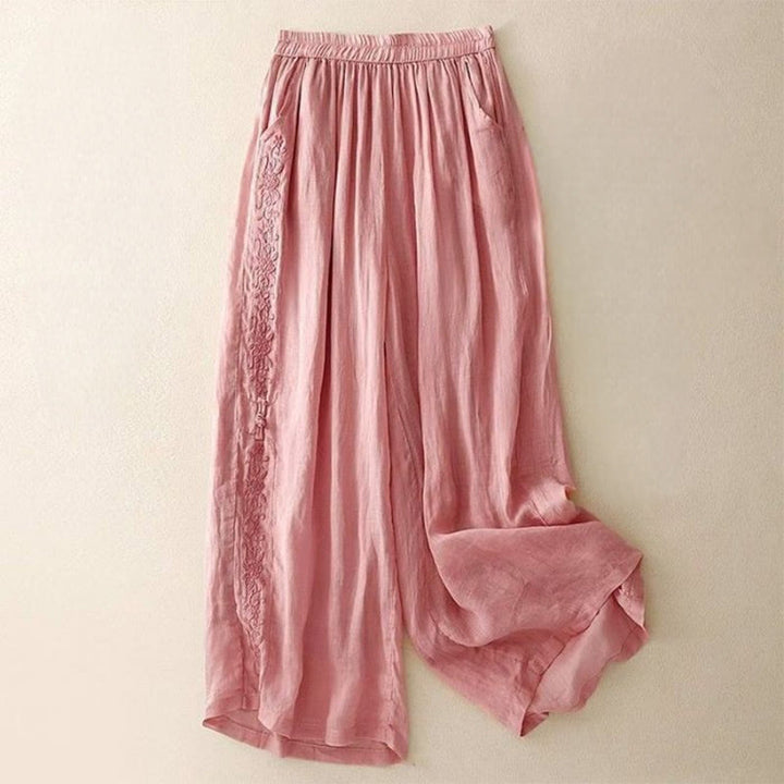 Damskie spodnie z szerokimi nogawkami i kieszeniami, bawełniane, z haftem bocznym w kształcie Buddha Stones , o długości 7-8 - Różowy - US12, UK/AU16, EU44 (3XL) - image 16