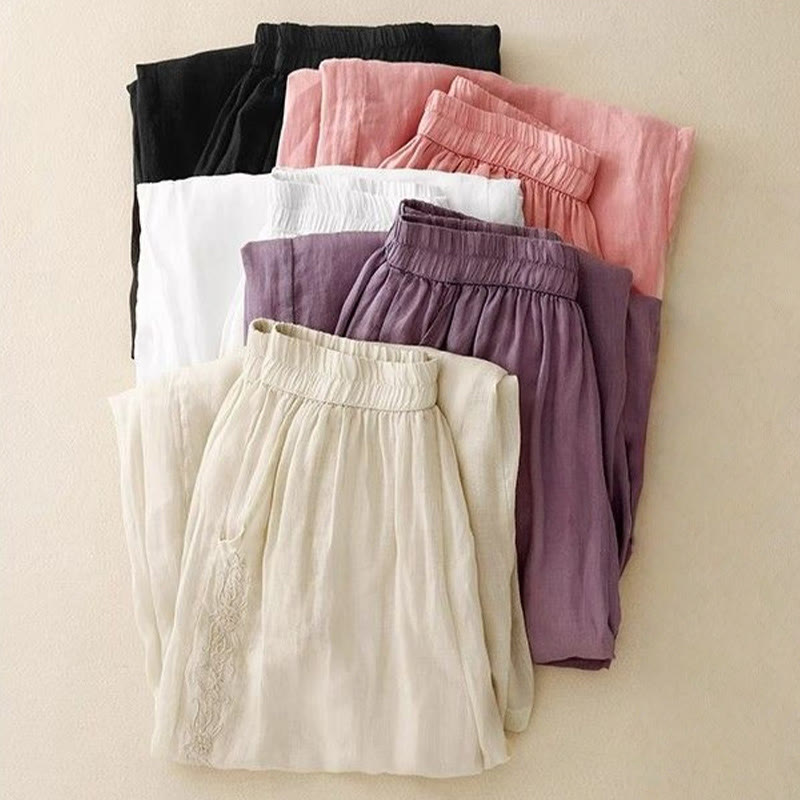 Damskie spodnie z szerokimi nogawkami i kieszeniami, bawełniane, z haftem bocznym w kształcie Buddha Stones , o długości 7-8 - image 18